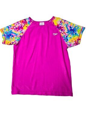 Speedo Girls Rash Guard Swim Top XL Pink Watercolor Short Sleeve UV Protection